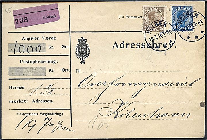20 øre og 25 øre Chr. X på adressebrev for værdipakke fra Holbæk d. 19.7.1918 til København.