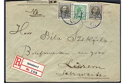 5 øre Chr. X og 25 øre Fr. VIII (2) på anbefalet brev fra Kjøbenhavn d. 18.8.1914 til Luzern, Schweiz. Kuvert afkortet i toppen.