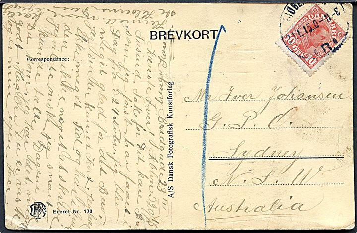 10 øre Chr. X på brevkort fra Kjøbenhavn d. 21.1.1915 til poste restante i Sydney, N.S.W., Australien. På bagsiden ank.stemplet Delivery Room Sydney GPO d. 9.3.1915