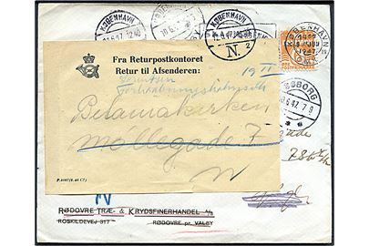 6 øre Bølgelinie på lokal tryksag i København d. 9.6.1947. Eftersendt flere gange og returneret via Returpostkontoret med gul etiket P.4007 (8.46 C7)