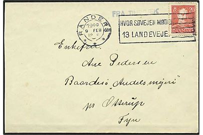 20 øre Chr. X på brev stemplet Randers d. 9.2.1945 og sidestemplet Fra Tindbæk til Baardesø pr. Otterup.