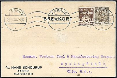 5 øre Bølgelinie og 20 øre Chr. X med perfin ASHS på brevkort fra firma A/S Hans Schourup i Aarhus d. 30.11.1923 til Springfield, USA.