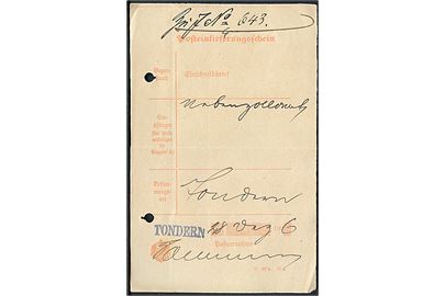 Postkvittering for afsendelse af forsendelse med liniestempel Tondern d. 28.12.1906. 2 arkivhuller.