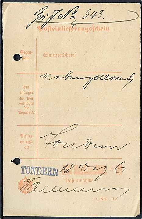 Postkvittering for afsendelse af forsendelse med liniestempel Tondern d. 28.12.1906. 2 arkivhuller.