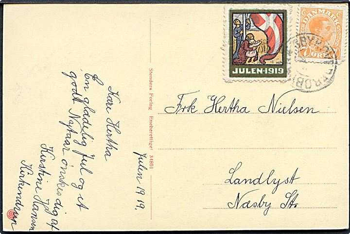 7 øre Chr. X og Julemærke 1919 på brevkort (Odense Å ved Filosofgangen i sne) fra Kirkendrup  annulleret med stjernestempel NÆSBYHOVEDBROBY til Næsby St.