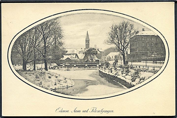 7 øre Chr. X og Julemærke 1919 på brevkort (Odense Å ved Filosofgangen i sne) fra Kirkendrup  annulleret med stjernestempel NÆSBYHOVEDBROBY til Næsby St.