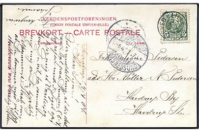5 øre Chr. IX på brevkort annulleret med stjernestempel LILLE SKENSVED og sidestemplet med bureau Kjøbenhavn - Masnedsund T.70 d. 5.4.1907 til Havdrup.