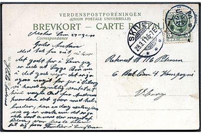 5 øre Fr. VIII på brevkort annulleret med stjernestempel LEM og sidestemplet Skive d. 28.3.1911 til soldat i Viborg.