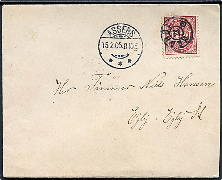 10 øre Våben på brev annulleret med stjernestempel HAARBY og sidestemplet Assens d. 15.2.1905 til Ejby.