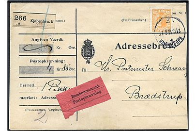 35 øre Chr. X single på adressebrev for pakke med postopkrævning fra Kjøbenhavn d. 21.12.1915 til Brædstrup.