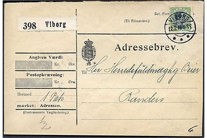 30 øre Chr. X single på adressebrev for pakke fra Viborg d. 22.2.1919 til Randers. Skjolder.