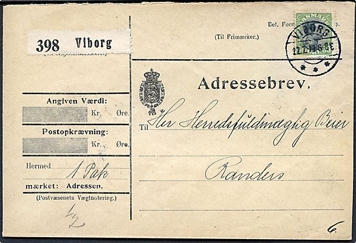 30 øre Chr. X single på adressebrev for pakke fra Viborg d. 22.2.1919 til Randers. Skjolder.