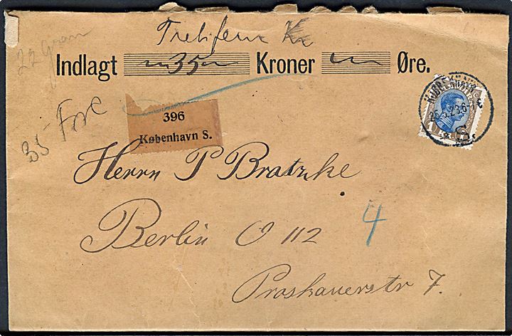 1 kr. Chr. X single på værdibrev fra Kjøbenhavn S. d. 25.5.1923 til Berlin, Tyskland. Urent åbnet.