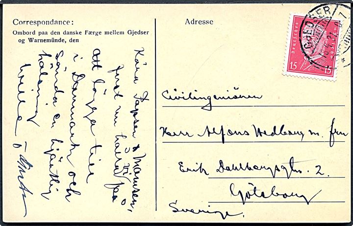 Tysk 15 pfg. Hindenburg på brevkort (DSB færge Gjedser-Warnemünde) annulleret med dansk brotype Ic Gjedser d. 18.4.1931 til Göteborg, Sverige.