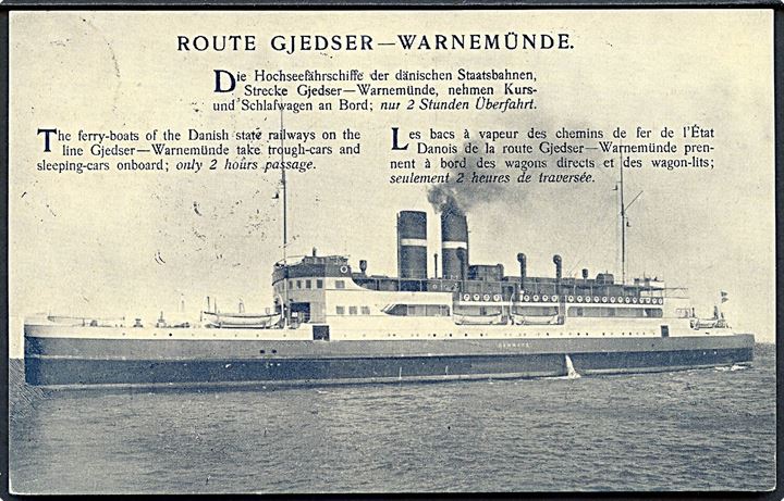 Tysk 15 pfg. Hindenburg på brevkort (DSB færge Gjedser-Warnemünde) annulleret med dansk brotype Ic Gjedser d. 18.4.1931 til Göteborg, Sverige.