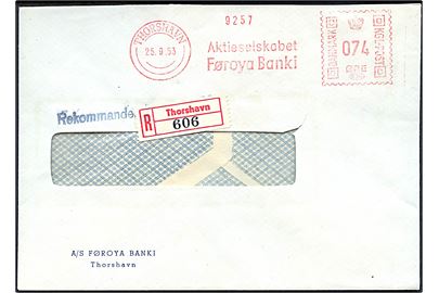 74 øre firmafranko på anbefalet rudekuvert fra Føroya Banki i Thorshavn d. 25.9.1953.