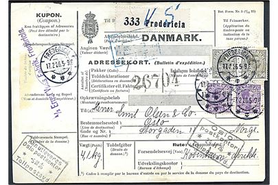 15 øre (2) og 50 øre (2) Chr. X med perfin E.V. på 130 øre frankeret internationalt adressekort for pakke fra A/S Ernst Voss Fabrik i Fredericia d. 17.2.1926 til Oslo, Norge. Et mærke yderligt placeret.