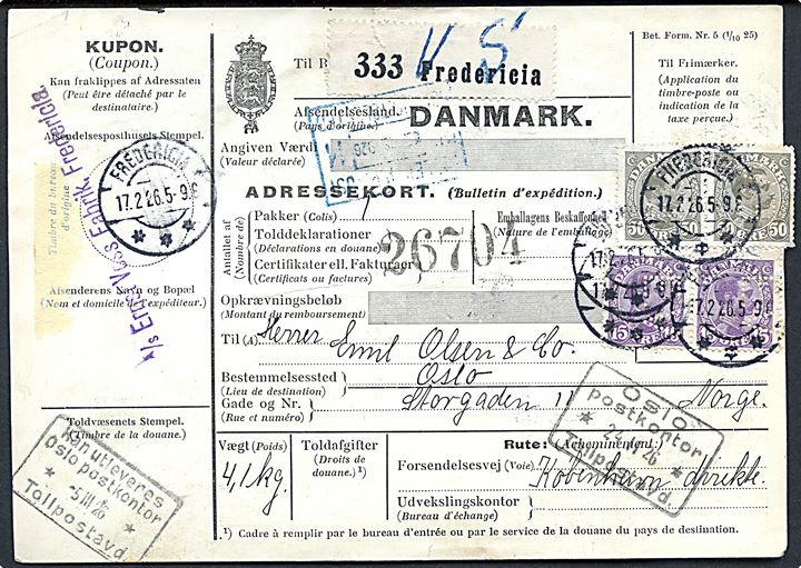 15 øre (2) og 50 øre (2) Chr. X med perfin E.V. på 130 øre frankeret internationalt adressekort for pakke fra A/S Ernst Voss Fabrik i Fredericia d. 17.2.1926 til Oslo, Norge. Et mærke yderligt placeret.