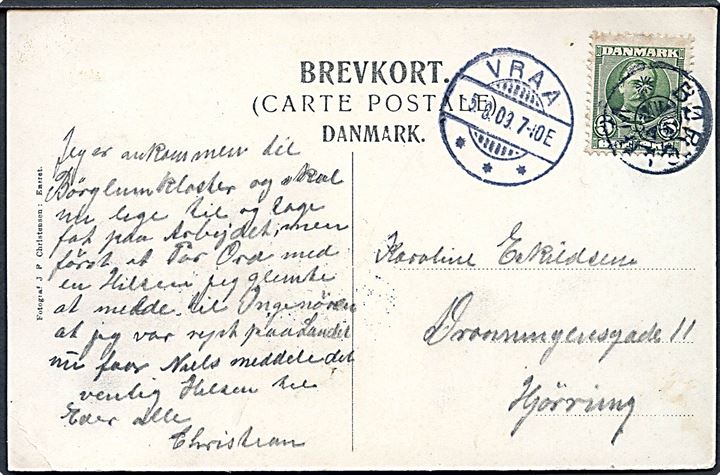 5 øre Fr. VIII på brevkort (Parti fra Børglum) annulleret med stjernestempel BØRGLUM og sidestemplet Vraa d. 5.8.1909 til Hjørring.