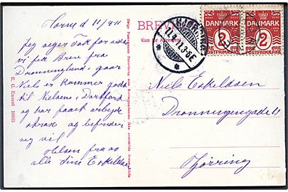 2 øre Bølgelinie i parstykke på lokalt brevkort (Parti fra Hirtshals) annulleret med stjernestempel HORNE og sidestemplet Hjørring d. 11.4.1911 til Hjørring.