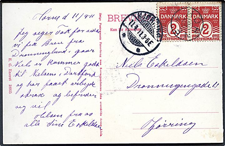 2 øre Bølgelinie i parstykke på lokalt brevkort (Parti fra Hirtshals) annulleret med stjernestempel HORNE og sidestemplet Hjørring d. 11.4.1911 til Hjørring.