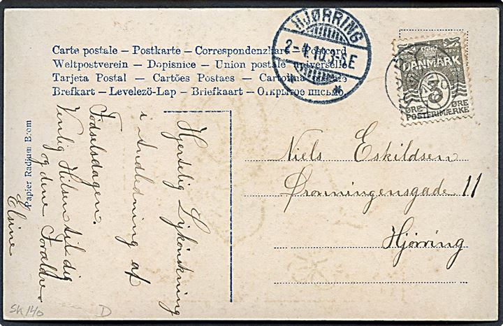3 øre Bølgelinie på lokalt brevkort annulleret med stjernestempel BJERGBY og sidestemplet Hjørring d. 2.4.1910 til Hjørring.