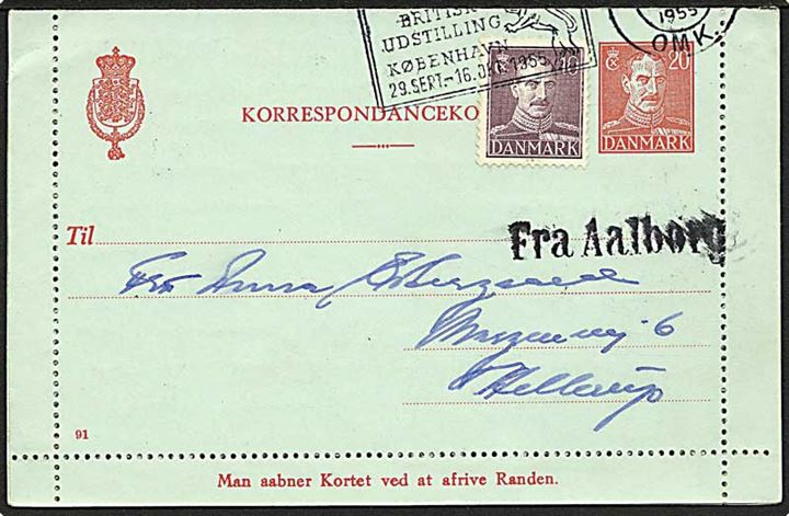 20 øre helsags korrespondancekort (fabr. 91) opfrankeret med 10 øre Chr. X fra Aalborg stemplet København 1955 og sidestemplet Fra Aalborg til Hellerup.