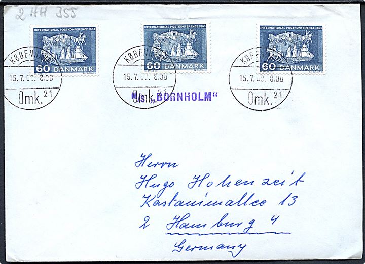 60 øre Postkonference (3) på filatelistisk skibsbrev annulleret København d. 15.7.1963 og sidestemplet M/S Bornholm til Hamburg, Tyskland.