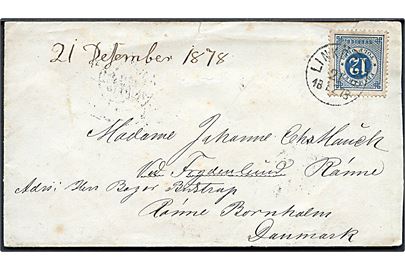 12 öre Ringtype på brev fra Linköping d. 21.12.1878 via svensk bureau PKXP No. 2 og København til Frydenlund pr. Rønne på Bornholm, Danmark. Ank.stemplet lapidar Rønne d. 24.12.1878.