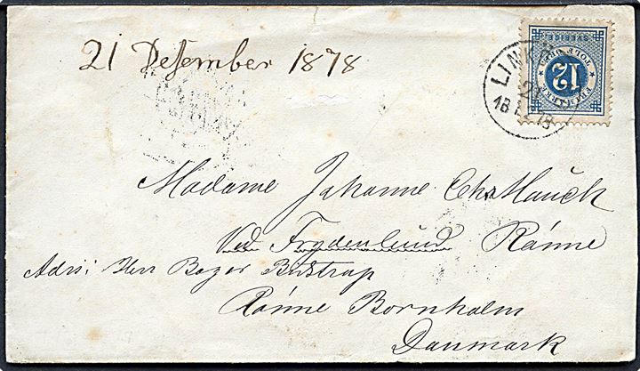 12 öre Ringtype på brev fra Linköping d. 21.12.1878 via svensk bureau PKXP No. 2 og København til Frydenlund pr. Rønne på Bornholm, Danmark. Ank.stemplet lapidar Rønne d. 24.12.1878.