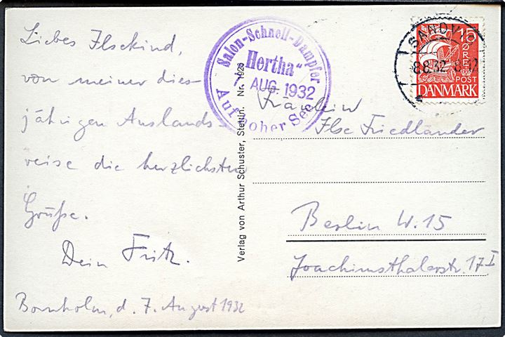 15 øre Karavel på brevkort stemplet Sandvig d. 8.8.1932 og sidestemplet Salon-Schnell-Dampfer Herta Auf hoher See d. 7.8.1932 til Berlin, Tyskland.