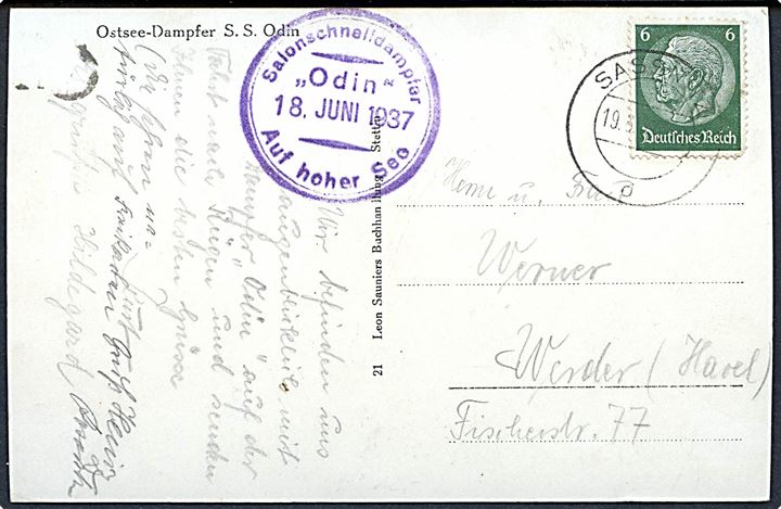 6 pfg. Hindenburg på brevkort (Ostsee-Dampfer S/S Odin) annulleret Sassnitz d. 19.6.1937 og sidestemplet Salonschnelldampfer odin Auf hoher See d. 18.6.1937 til Werder.