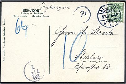 5 øre Våben på underfrankeret brevkort sendt som tryksag fra Allinge d. 5.7.1906 til Berlin, Tyskland. Sort T-stempel og udtakseret i 10 pfg. tysk porto.