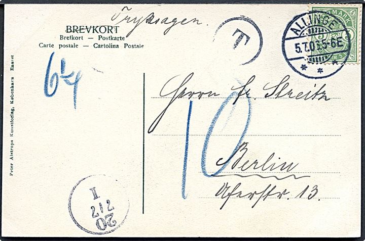 5 øre Våben på underfrankeret brevkort sendt som tryksag fra Allinge d. 5.7.1906 til Berlin, Tyskland. Sort T-stempel og udtakseret i 10 pfg. tysk porto.