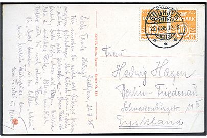10 øre Bølgelinie i parstykke på brevkort annulleret med brotype Ic Gudhjem d. 22.7.1935 til Berlin, Tyskland.