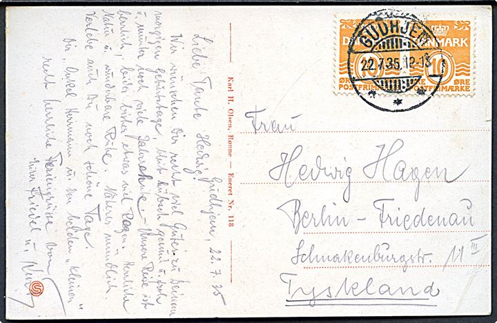 10 øre Bølgelinie i parstykke på brevkort annulleret med brotype Ic Gudhjem d. 22.7.1935 til Berlin, Tyskland.