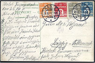 1 øre, 2 øre, 3 øre og 4 øre Bølgelinie på 4-farve frankeret brevkort annulleret Hasle d. 26.8.1911 til Leipzig, Tyskland.
