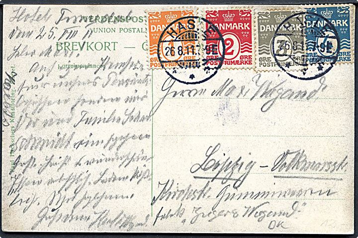 1 øre, 2 øre, 3 øre og 4 øre Bølgelinie på 4-farve frankeret brevkort annulleret Hasle d. 26.8.1911 til Leipzig, Tyskland.