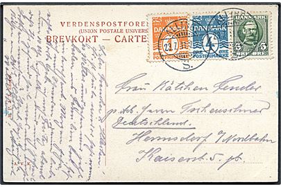 1 øre, 4 øre Bølgelinie og 5 øre Fr. VIII på brevkort annulleret med brotype Ia Allinge S. d. 23.7.1911 til Tyskland. Stempel benyttet i Sandvig.