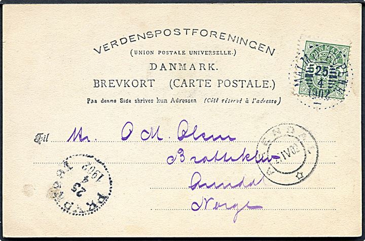 5 øre Våben på brevkort (Hilsen fra København) annulleret med sjældent svensk sejlende bureaustempel Malmö - Köpenh. d. 25.4.1902 via bureau PKXP No. 91 til Arendel, Norge.