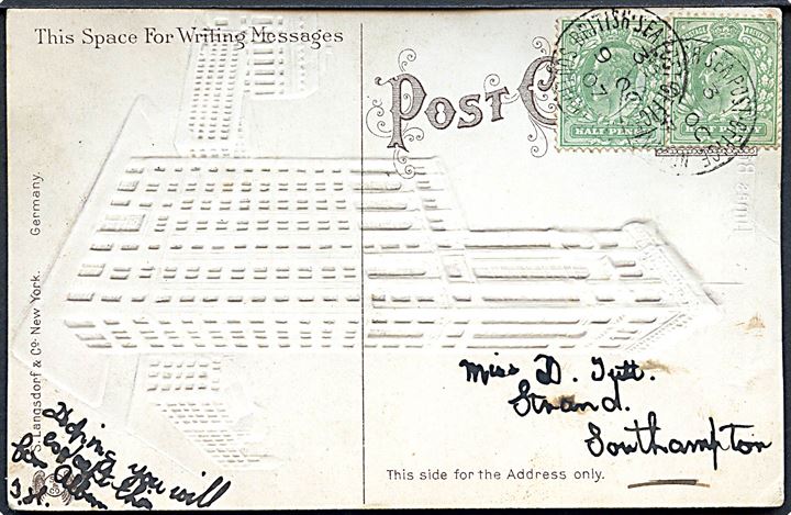 ½d Edward VII (2) på brevkort (Times Building, New York) annulleret med skibsstempel British Sea Post Office Southampton no. 3 d. 9.10.1907 til Southampton, England. Stemplet blev benyttet i postbureauet ombord på White Star Line dampskibet S/S Adriatic.
