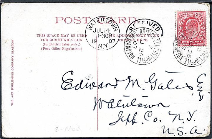 1d Edward VII på brevkort (S/S Teutonic) annulleret med sejlende bureaustempel British Sea Post Office Southampton no. 2 d. 26.7.1907 til Watertown, N.Y., USA. Stempel benyttet ombord på White Star Line dampskibet S/S Teutonic.