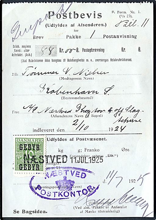10 øre Gebyr provisorium annulleret med kontorstempel Næstved d. 11.7.1925 på genpart af Postbevis for postanvisning fra Næstved d. 2.10.1924 til København. 