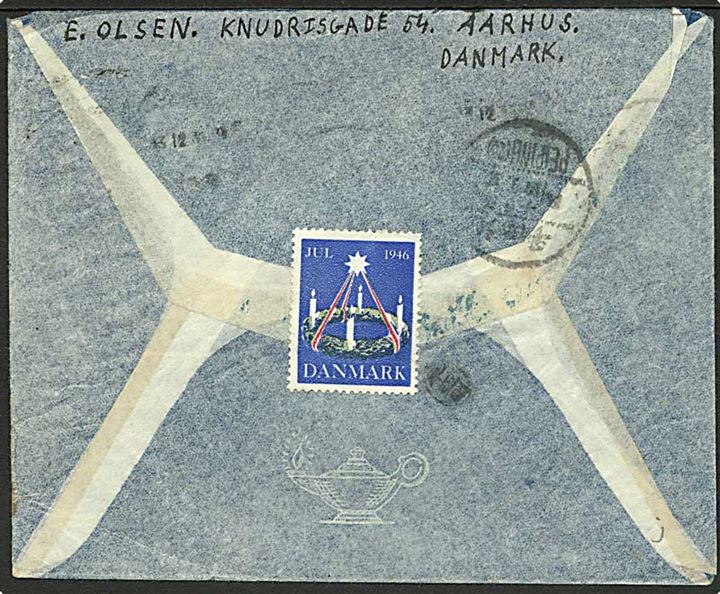 60 øre og 1 kr. Chr. X på luftpostbrev fra Aarhus d. 20.11.1946 til dansker ved UNRRA i Peking, Kina. På bagsiden Julemærke 1946.