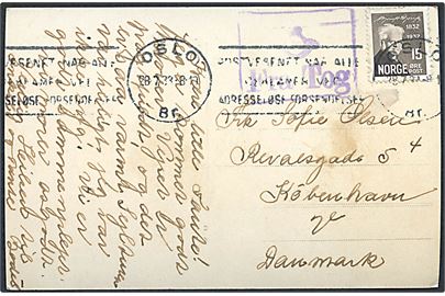 15 øre Bjørnsson på brevkort annulleret Oslo d. 28.7.1933 og sidestemplet (posthorn)/Fra Tog til København, Danmark.