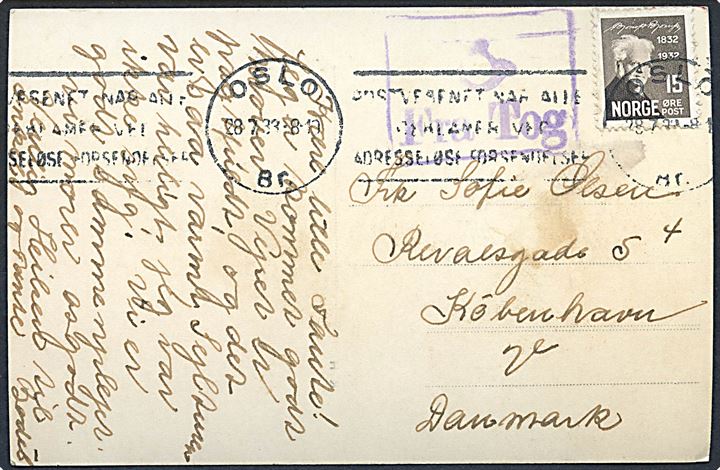 15 øre Bjørnsson på brevkort annulleret Oslo d. 28.7.1933 og sidestemplet (posthorn)/Fra Tog til København, Danmark.