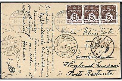 5 øre Bølgelinie (3) på brevkort fra København d. 21.6.1923 til Uusikaupunki (Nystad), Finland - eftersendt via Kotka til poste restante på Hogland / Suursaari. Ank.stemplet med udslevet stempel Suursaari d. 29.6.1923. Interessant destination, da Suursaari (= Hogland) er en finsk ø i den finske bugt mellem Finland og Estland.