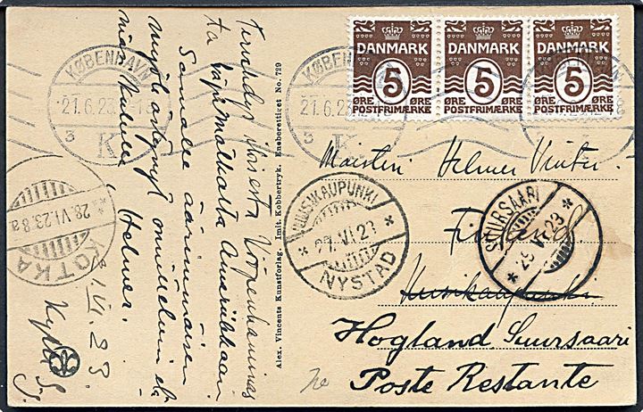 5 øre Bølgelinie (3) på brevkort fra København d. 21.6.1923 til Uusikaupunki (Nystad), Finland - eftersendt via Kotka til poste restante på Hogland / Suursaari. Ank.stemplet med udslevet stempel Suursaari d. 29.6.1923. Interessant destination, da Suursaari (= Hogland) er en finsk ø i den finske bugt mellem Finland og Estland.