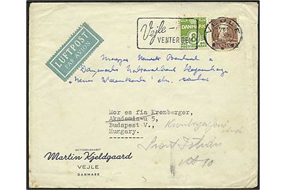 8 øre Bølgelinie og 25 øre Chr. X på luftpost tryksag fra Vejle d. 13.8.1946 til Budapest, Ungarn.