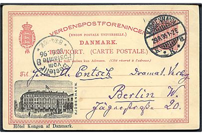 10 øre Våben helsagsbrevkort med privat tiltryk Hôtel Kongen af Danmark / Kjöbenhavn stemplet Kjøbenhavn d. 29.6.1896 til Berlin, Tyskland.